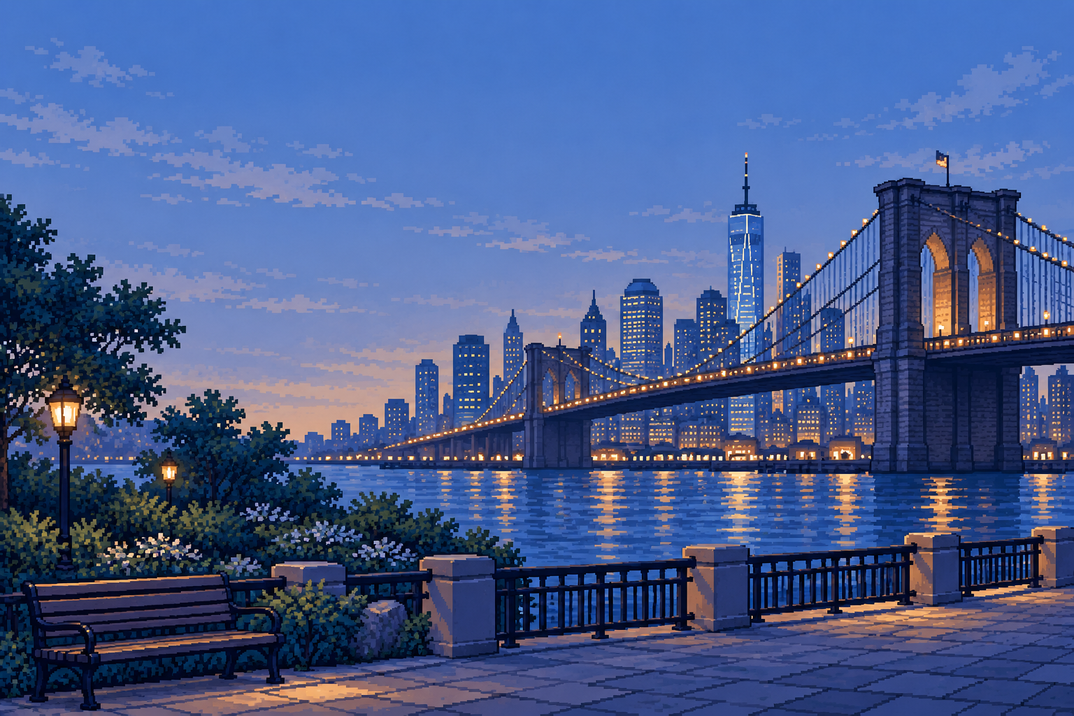 The Brooklyn Bridge and Manhattan skyline at dusk, seen from a leafy waterfront park in pixel art
